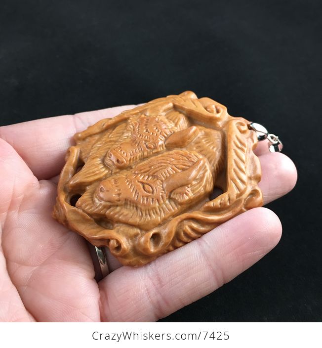 Bison Pair Carved Red Jasper Stone Pendant Jewelry - #QvFXNpG0LmI-3