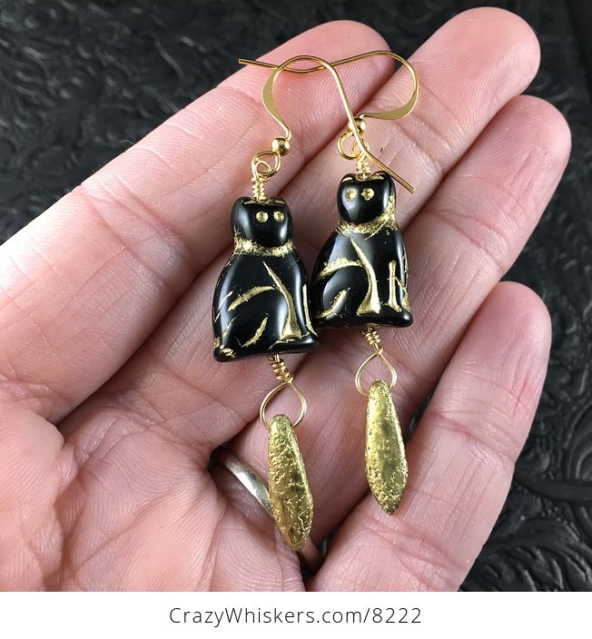 Black and Gold Glass Kitty Cat and Etched Gold Dagger Earrings - #dYEXpBlEixg-1