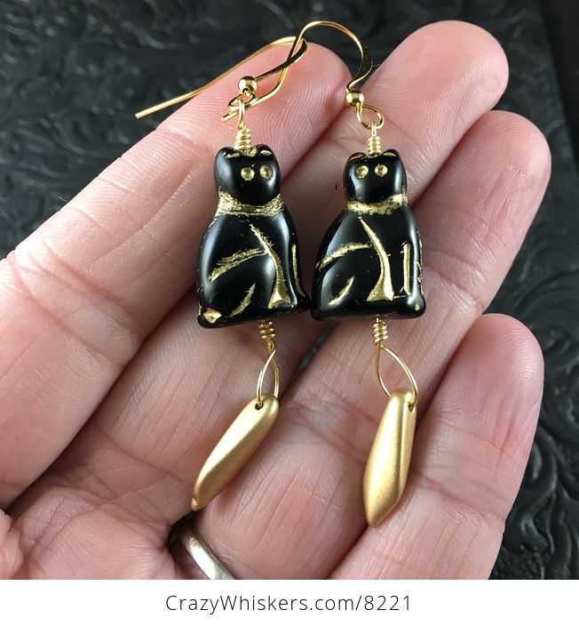 Black and Gold Glass Kitty Cat and Gold Dagger Earrings - #kAcL9r2Jv8M-1