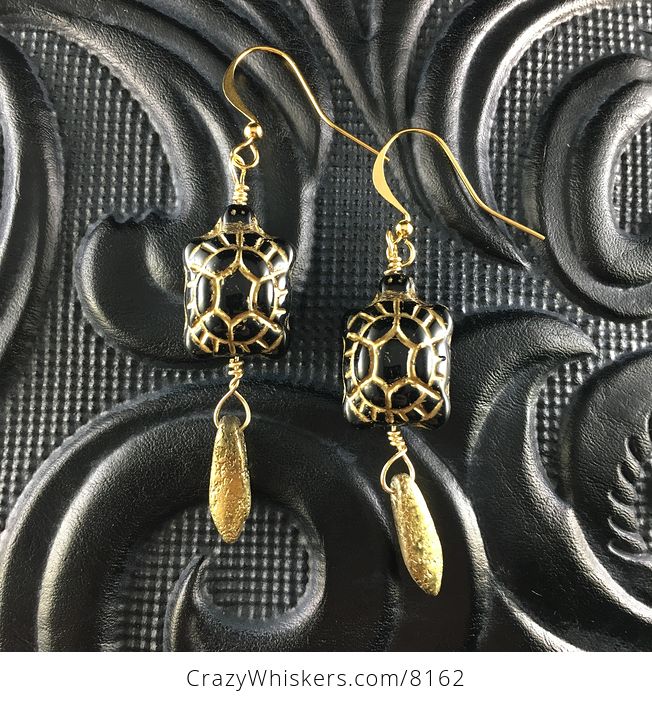 Black and Gold Turtles and Etched Gold Dagger Earrings with Gold Wire - #a9vHiGJHD2A-1