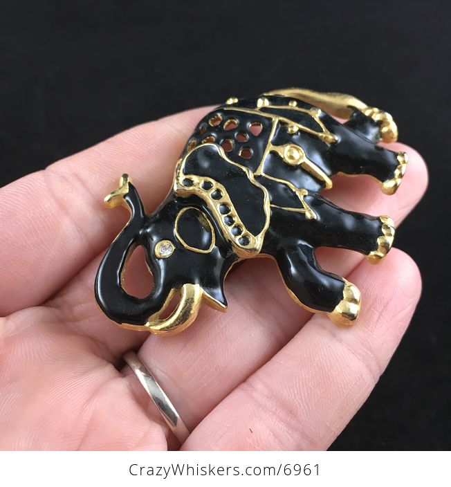 Black and Gold Vintage Elephant Jewelry Brooch Pin - #TyyiH7OBmpI-4