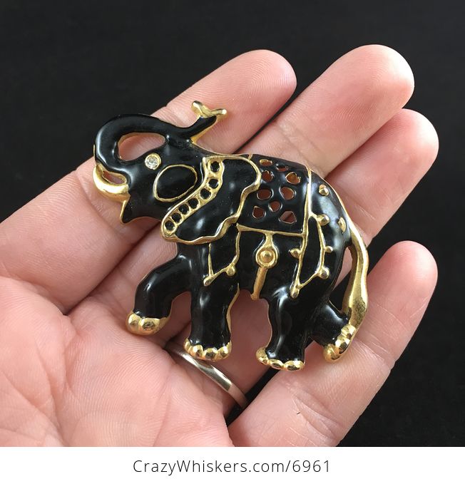 Black and Gold Vintage Elephant Jewelry Brooch Pin - #TyyiH7OBmpI-1