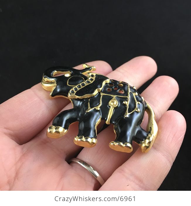 Black and Gold Vintage Elephant Jewelry Brooch Pin - #TyyiH7OBmpI-2