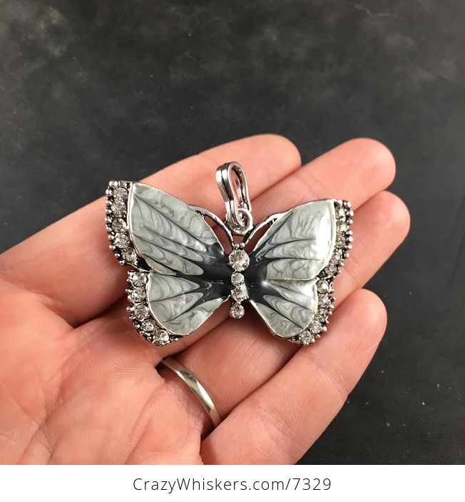 Black and Gray Silver Butterfly Rhinesone and Pearlescent Enamel Jewelry Necklace Pendant - #IFPqyydHys0-2