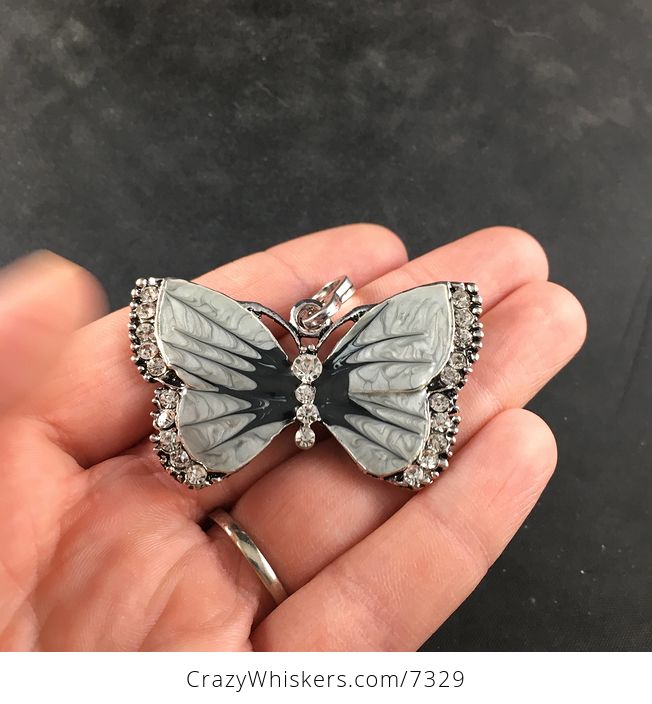 Black and Gray Silver Butterfly Rhinesone and Pearlescent Enamel Jewelry Necklace Pendant - #IFPqyydHys0-3
