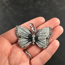 Black and Gray Silver Butterfly Rhinesone and Pearlescent Enamel Jewelry Pendant #IFPqyydHys0