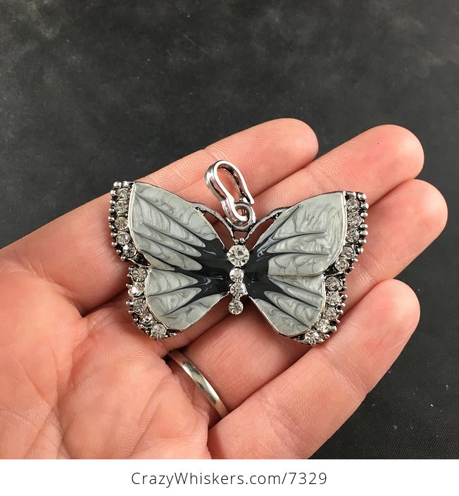 Black and Gray Silver Butterfly Rhinesone and Pearlescent Enamel Jewelry Pendant - #IFPqyydHys0-1
