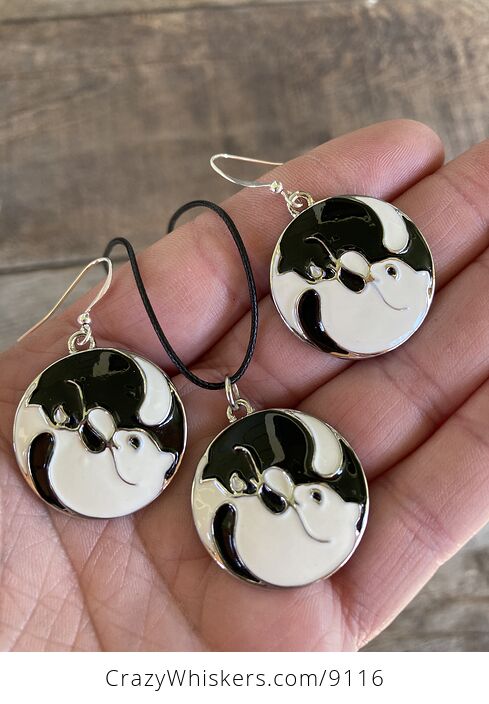 Black and White Yin and Yang Kitty Cat Earring and Necklace Enamel Jewelry Set - #4DwvjEz8rRI-2