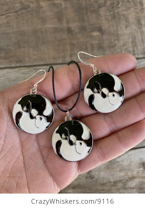 Black and White Yin and Yang Kitty Cat Earring and Necklace Enamel Jewelry Set - #4DwvjEz8rRI-1