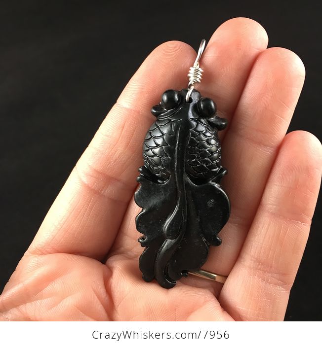 Black Carved Chinese Jade Goldfish Pendant - #ldNSDDTNfUE-1