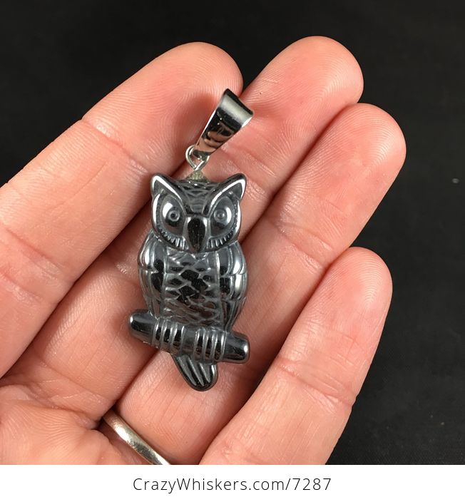 Black Carved Magnetic Hematite Stone Perched Owl Pendant - #H87RA84d9DY-1