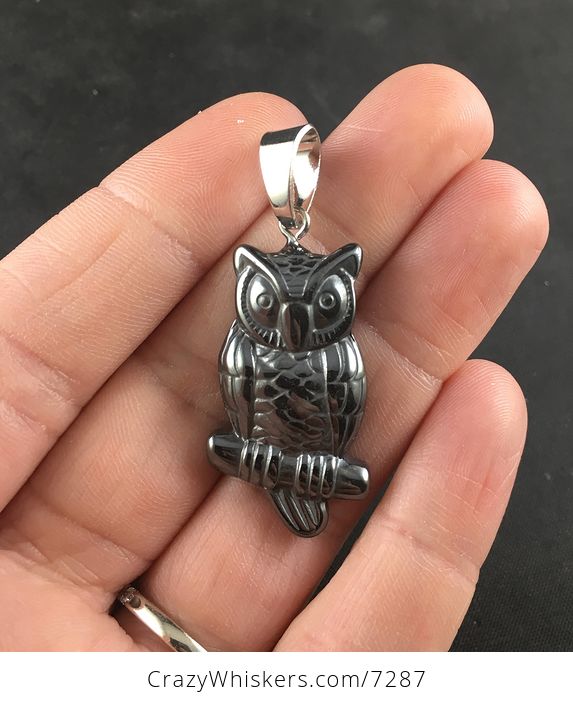 Black Carved Magnetic Hematite Stone Perched Owl Pendant - #H87RA84d9DY-3