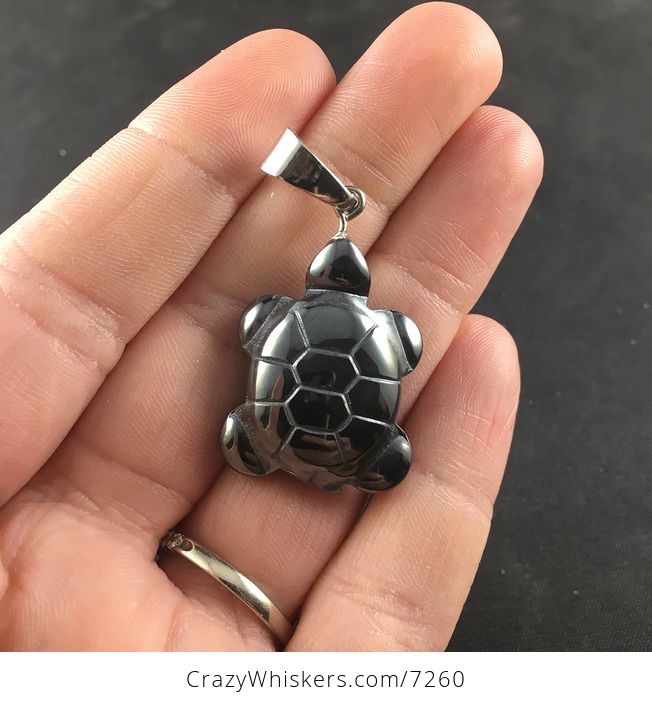 Black Carved Magnetic Hematite Stone Turtle Pendant - #sjfG7czd5vw-1
