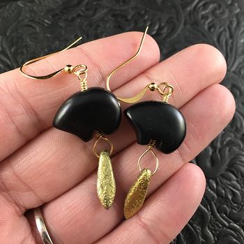 Black Magnesite Bear and Etched Gold Dagger Earrings with Gold Wire #8oQdUZA9Y6M