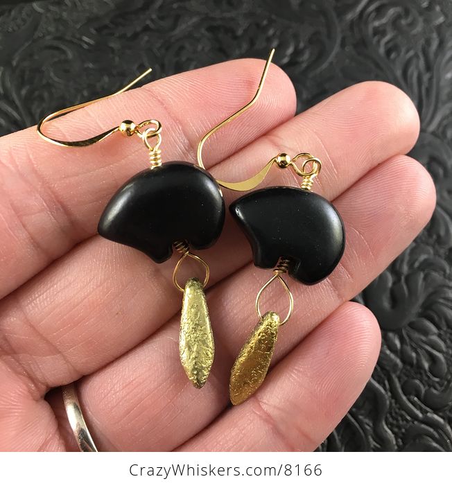 Black Magnesite Bear and Etched Gold Dagger Earrings with Gold Wire - #8oQdUZA9Y6M-1