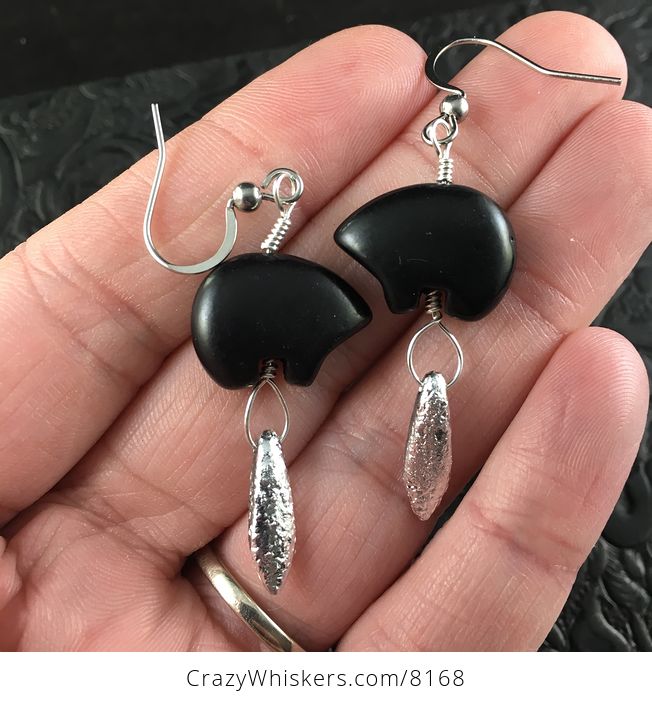 Black Magnesite Bear and Etched Silver Dagger Earrings with Silver Wire - #DsdesxSRttc-1