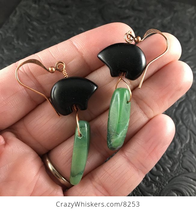 Black Magnesite Bear and Green Jasper Earrings with Copper Wire - #PXzl0p3ikao-1