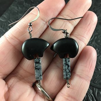 Black Magnesite Bear and Snowflake Obsidian Earrings with Black Wire #ers2QjHgmsk