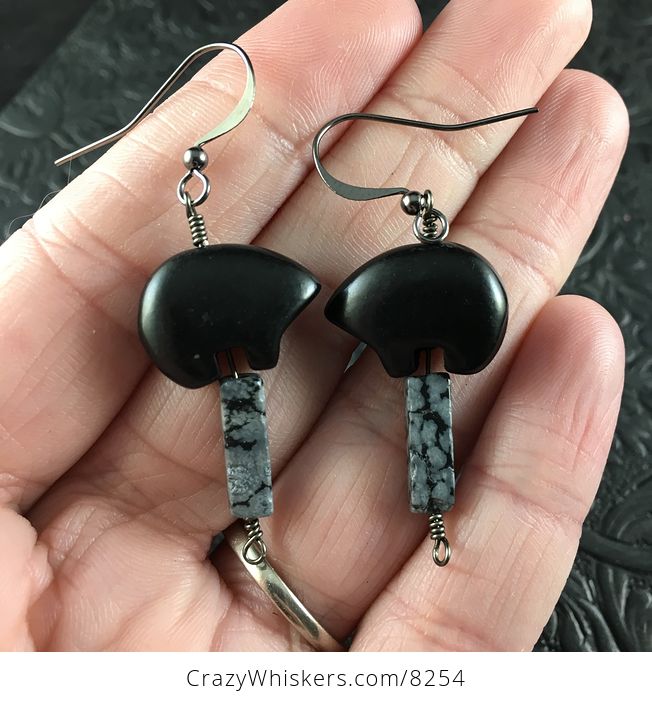 Black Magnesite Bear and Snowflake Obsidian Earrings with Black Wire - #ers2QjHgmsk-1