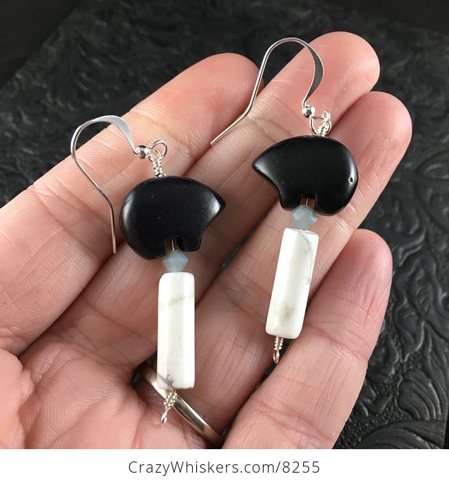 Black Magnesite Bear and White Howlite Earrings with Silver Wire - #Xs8O4mXgcuw-1