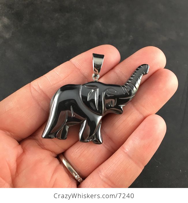 Black Magnetic Hematite Elephant Raising Its Trunk Jewelry Pendant - #M2w52Lpv9As-1