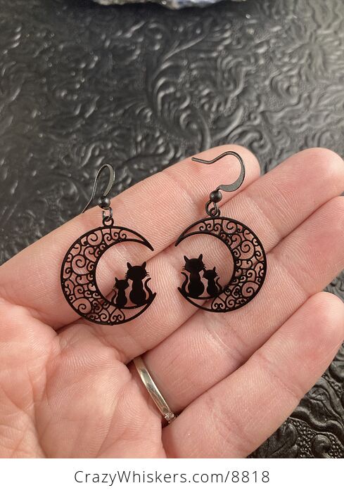Black Metal Cats and Crescent Moon Earrings - #6VYP8qQC4j0-2