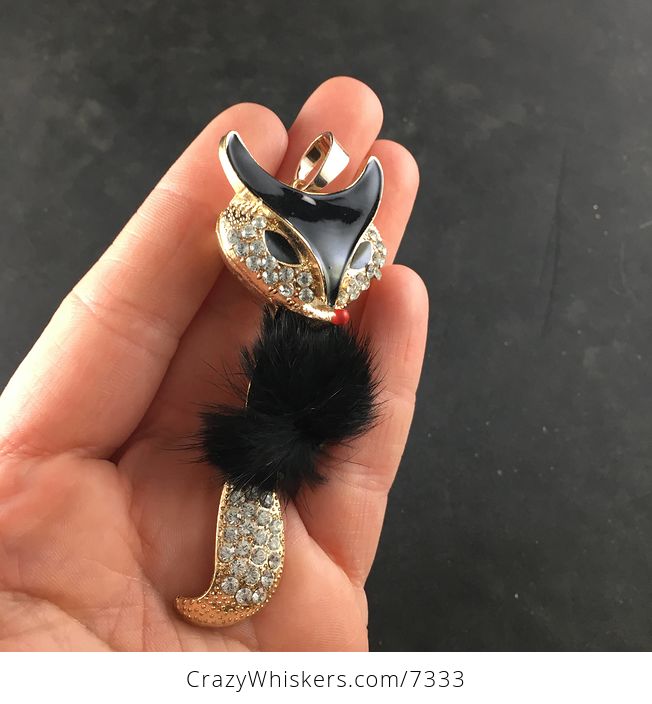 Black Puff and Rhinestone Wiggly Fox Bling Pendant Jewelry Necklace - #U8AQ78hJCw8-2