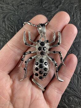 Black Rhinestone and Silver Tone Tarantula Spider Pendant Necklace Jewelry #QG55GeFj9dc