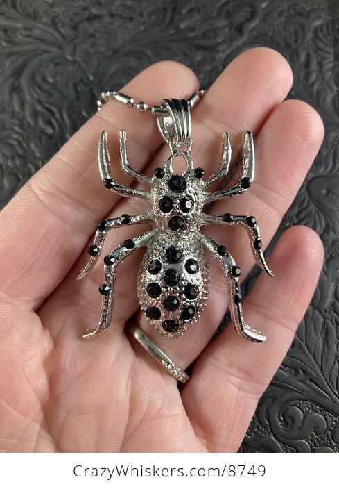 Black Rhinestone and Silver Tone Tarantula Spider Pendant Necklace Jewelry - #QG55GeFj9dc-1