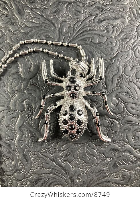 Black Rhinestone and Silver Tone Tarantula Spider Pendant Necklace Jewelry - #QG55GeFj9dc-3