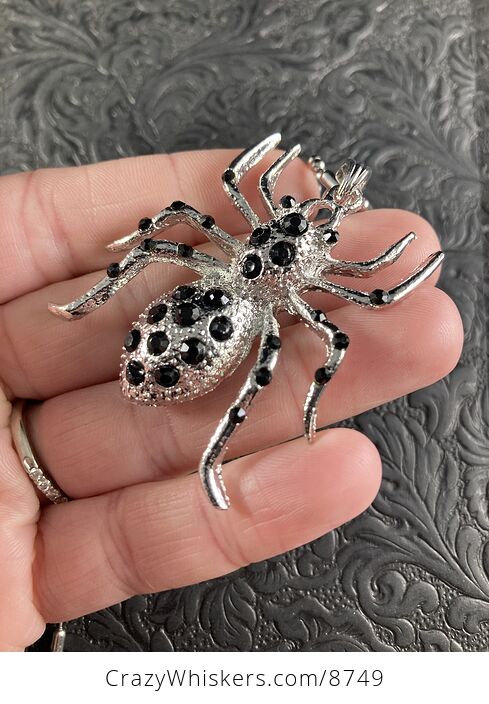 Black Rhinestone and Silver Tone Tarantula Spider Pendant Necklace Jewelry - #QG55GeFj9dc-2