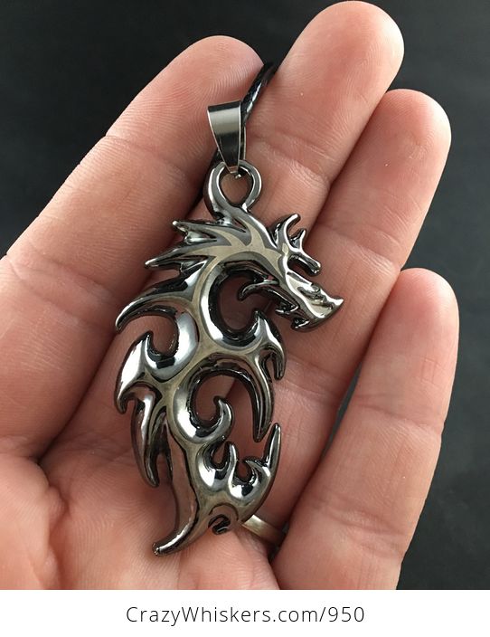 Black Stainless Steel Shiny Tribal Dragon with a Design on the Front - #98WhpP9f550-1