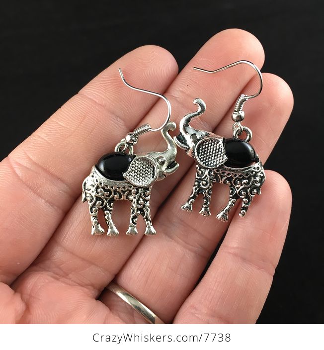 Black Stone and Silver Elephant Necklace Bracelet and Earrings Jewelry Set - #XTZZT3lCQdg-6