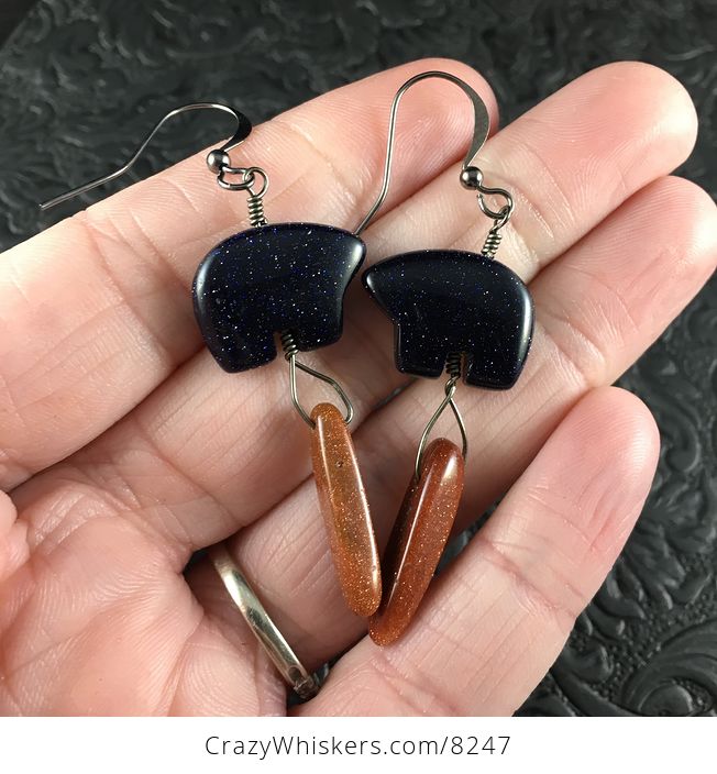 Blue and Orange Goldstone Bear Earrings with Black Wire - #Xr9XPIkrYH0-1