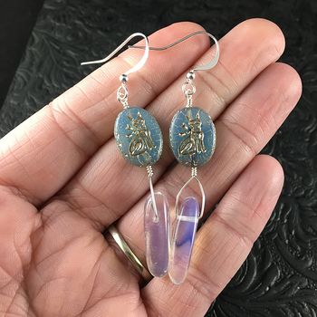 Blue and Silver Glass Kitty Cat and Dagger Earrings #TBuqaLf1df4