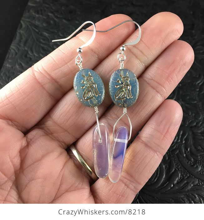 Blue and Silver Glass Kitty Cat and Dagger Earrings - #TBuqaLf1df4-1