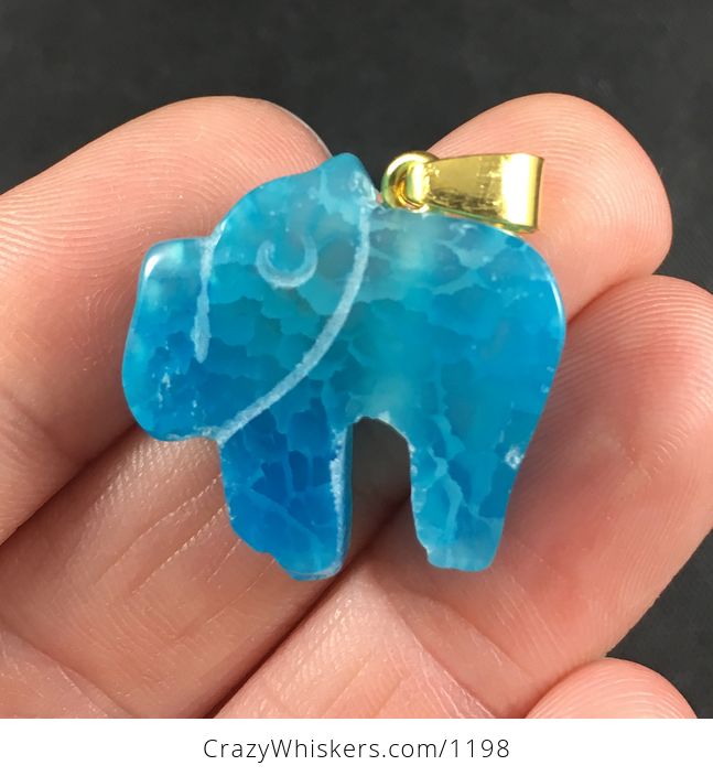 Blue Carved Elephant Shaped Druzy Agate Stone Pendant - #lcefb70mDy8-1
