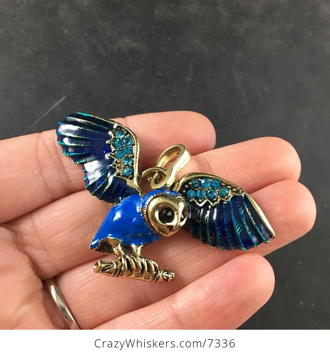 Blue Enamel and Rhinestone Flying or Landing Owl Jewelry Pendant - #l1ZKIJM5K80-1