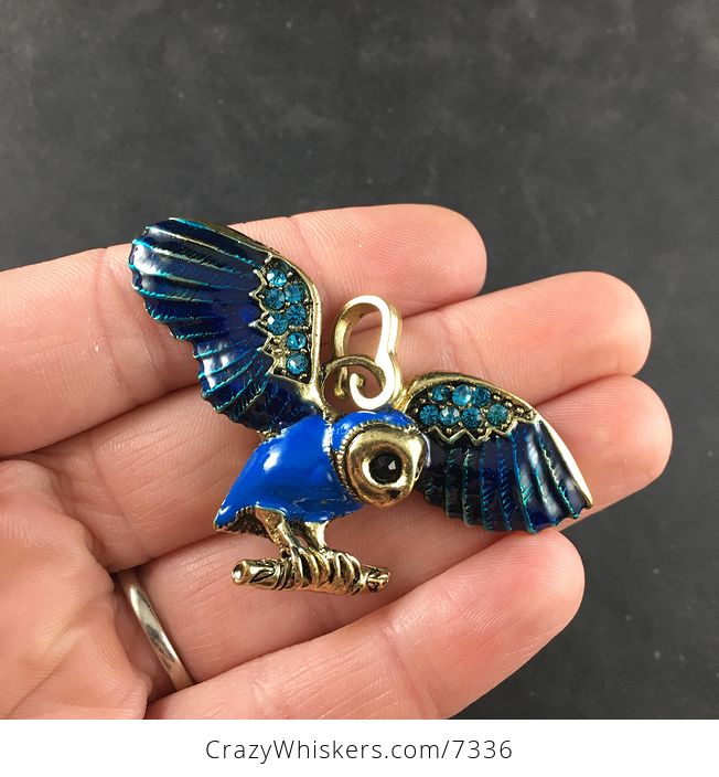 Blue Enamel and Rhinestone Flying or Landing Owl Jewelry Pendant Necklace - #l1ZKIJM5K80-3