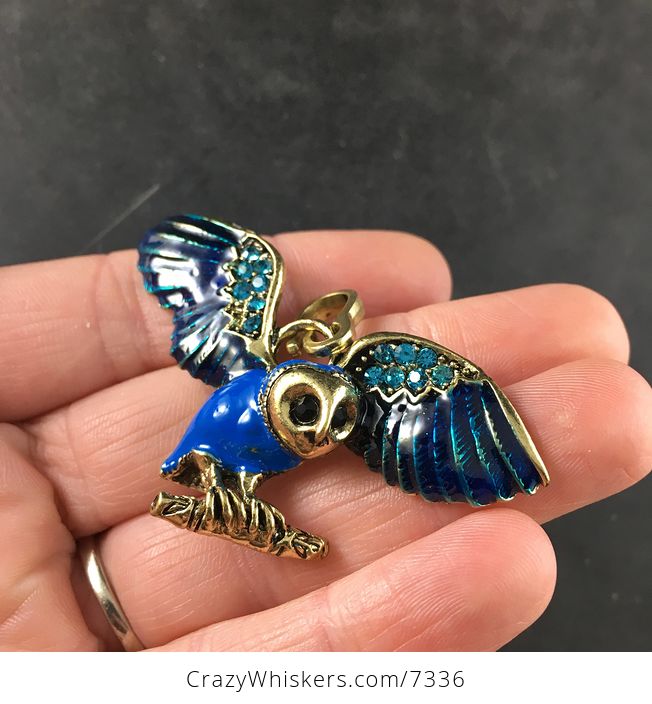 Blue Enamel and Rhinestone Flying or Landing Owl Jewelry Pendant Necklace - #l1ZKIJM5K80-2