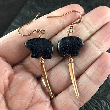 Blue Goldstone Bear and Copper Dagger Earrings with Copper Wire #KvW6f4bfdyY