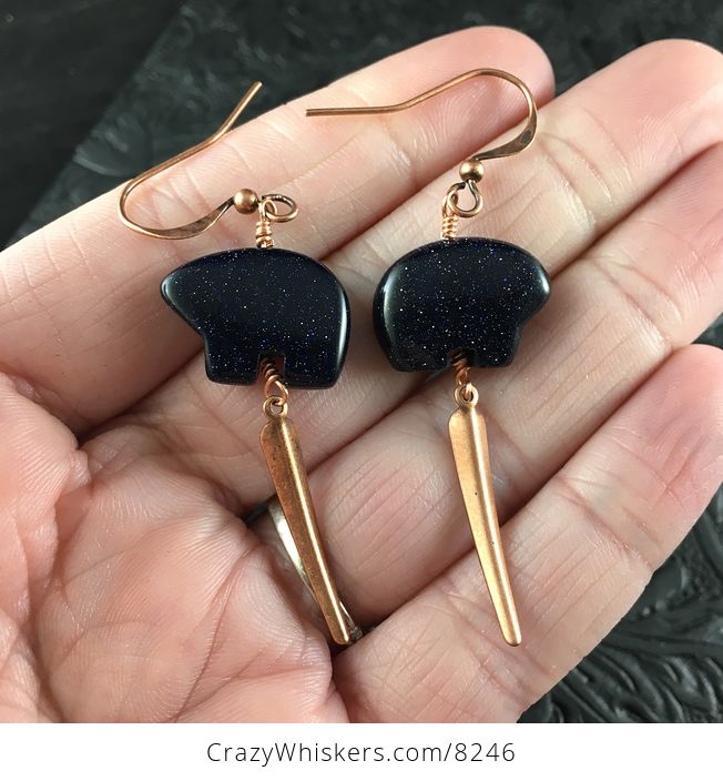 Blue Goldstone Bear and Copper Dagger Earrings with Copper Wire - #KvW6f4bfdyY-1