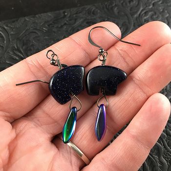 Blue Goldstone Bear and Dagger Earrings with Black Wire #KkkaYodCno0