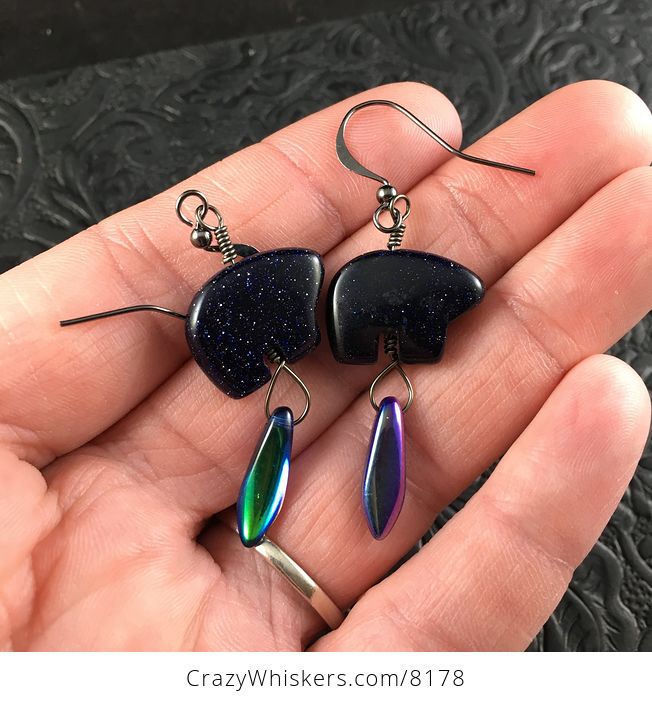 Blue Goldstone Bear and Dagger Earrings with Black Wire - #KkkaYodCno0-1