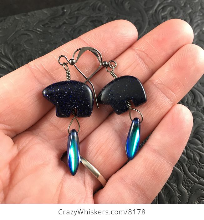 Blue Goldstone Bear and Dagger Earrings with Black Wire - #KkkaYodCno0-2