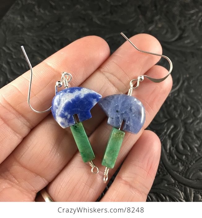 Blue Sodalite Bear and African Jade Earrings with Silver Wire - #5oxadVft4Ng-1
