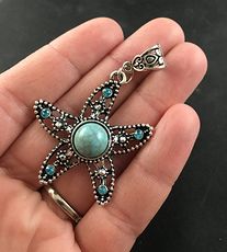 Blue Turquoise Stone and Crystal Silver Tone Alloy Starfish Pendant #riXIdaWjn6Q