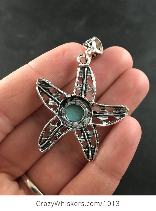 Blue Turquoise Stone and Crystal Silver Tone Alloy Starfish Pendant - #riXIdaWjn6Q-2