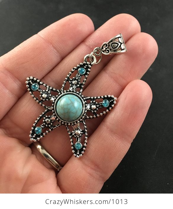 Blue Turquoise Stone and Crystal Silver Tone Alloy Starfish Pendant - #riXIdaWjn6Q-1