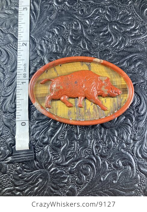 Boar Carved Mini Art Red Jasper and Tigers Eye Stone Pendant Cabochon Jewelry - #LZjvMp4yDGY-7